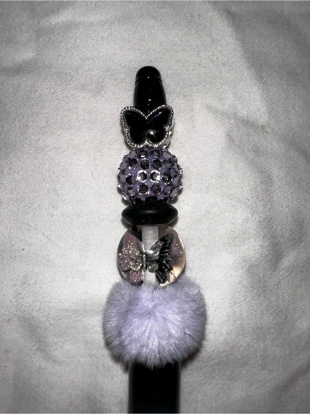 Plush Pom and Crystal Accent with black butterfly Ballpoint Pen - Lavender Gray